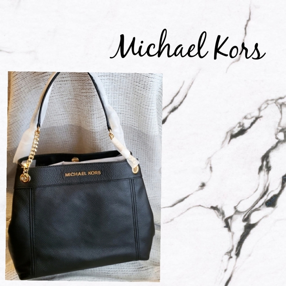 Michael Kors Jet Set Large Chain Shoulder Tote Leather Black NWT Gold Tone Chic - Picture 2 of 5